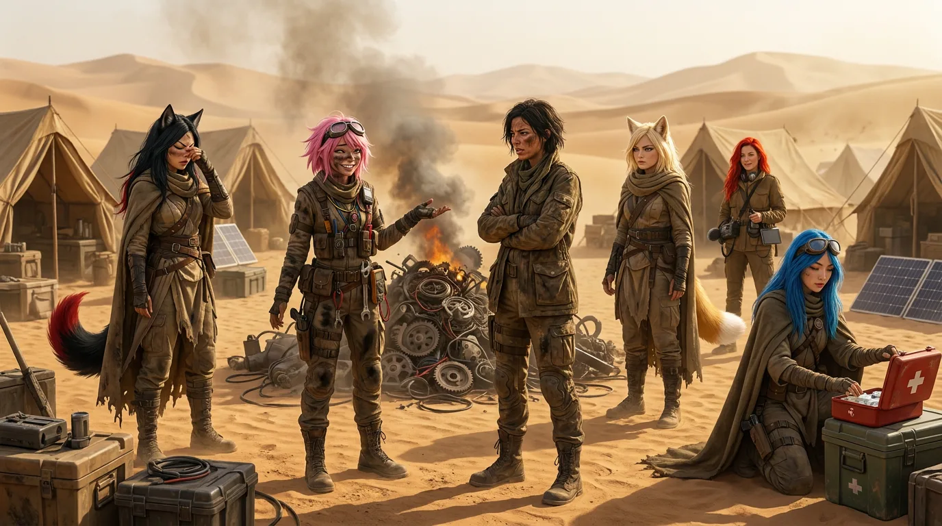 In a post-apocalyptic desert setting a group
