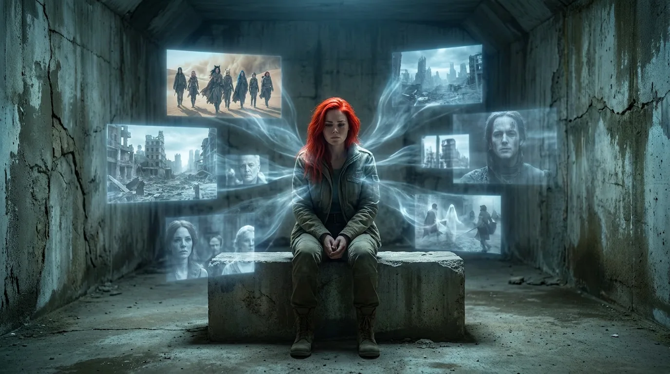 In a cinematic style a woman with red hair sits
