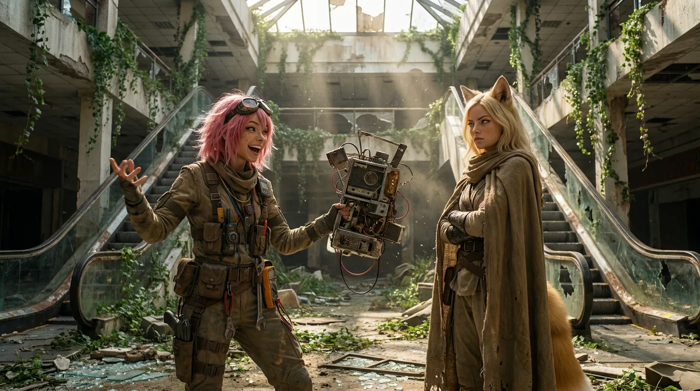 In a post-apocalyptic setting a woman with pink
