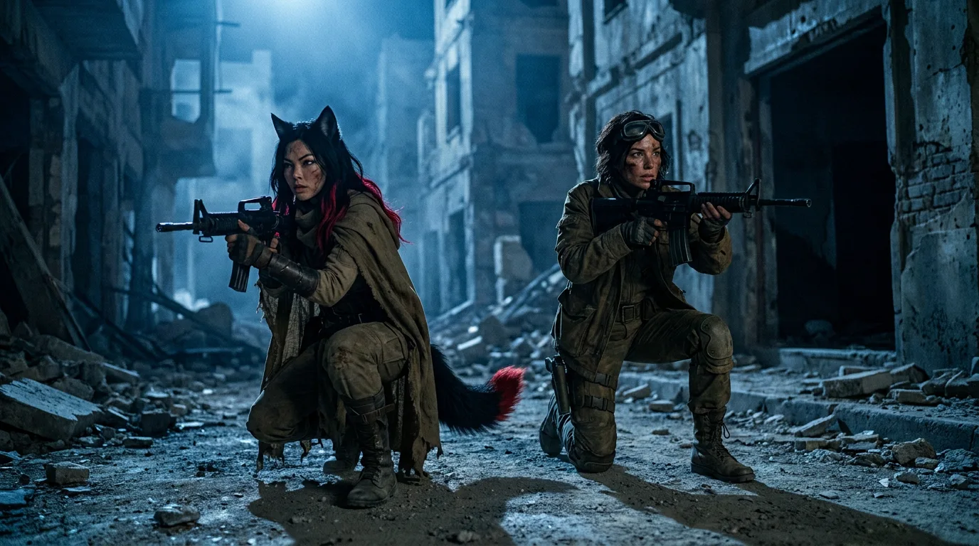 In a post-apocalyptic setting two women crouch