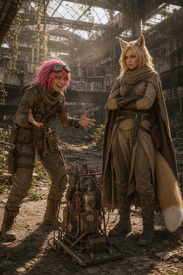 In a post-apocalyptic scene a person with bright