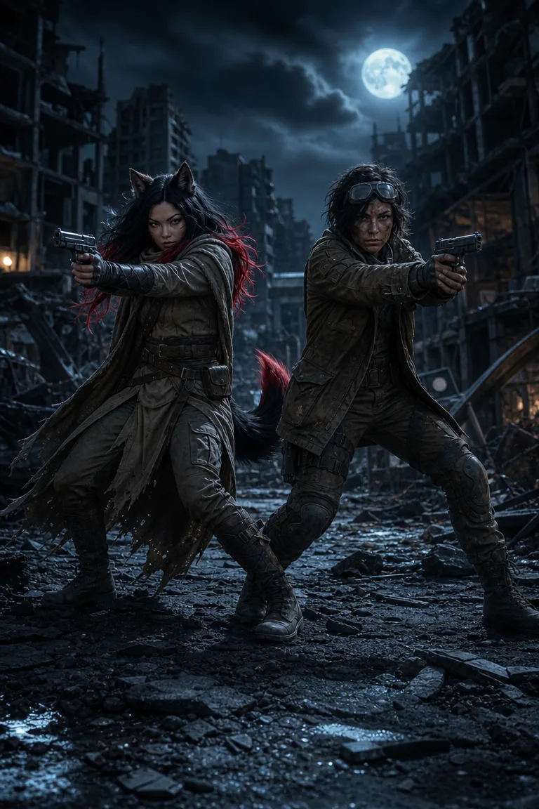 In a dark post-apocalyptic setting under a full
