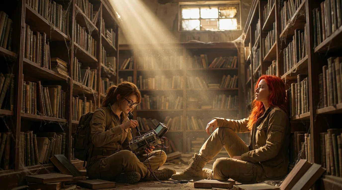 In a dusty forgotten library two women