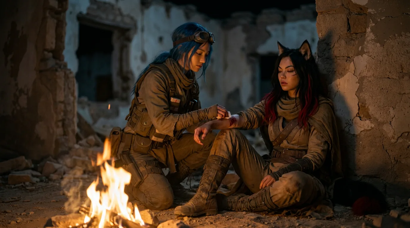 In a post-apocalyptic setting a person with blue