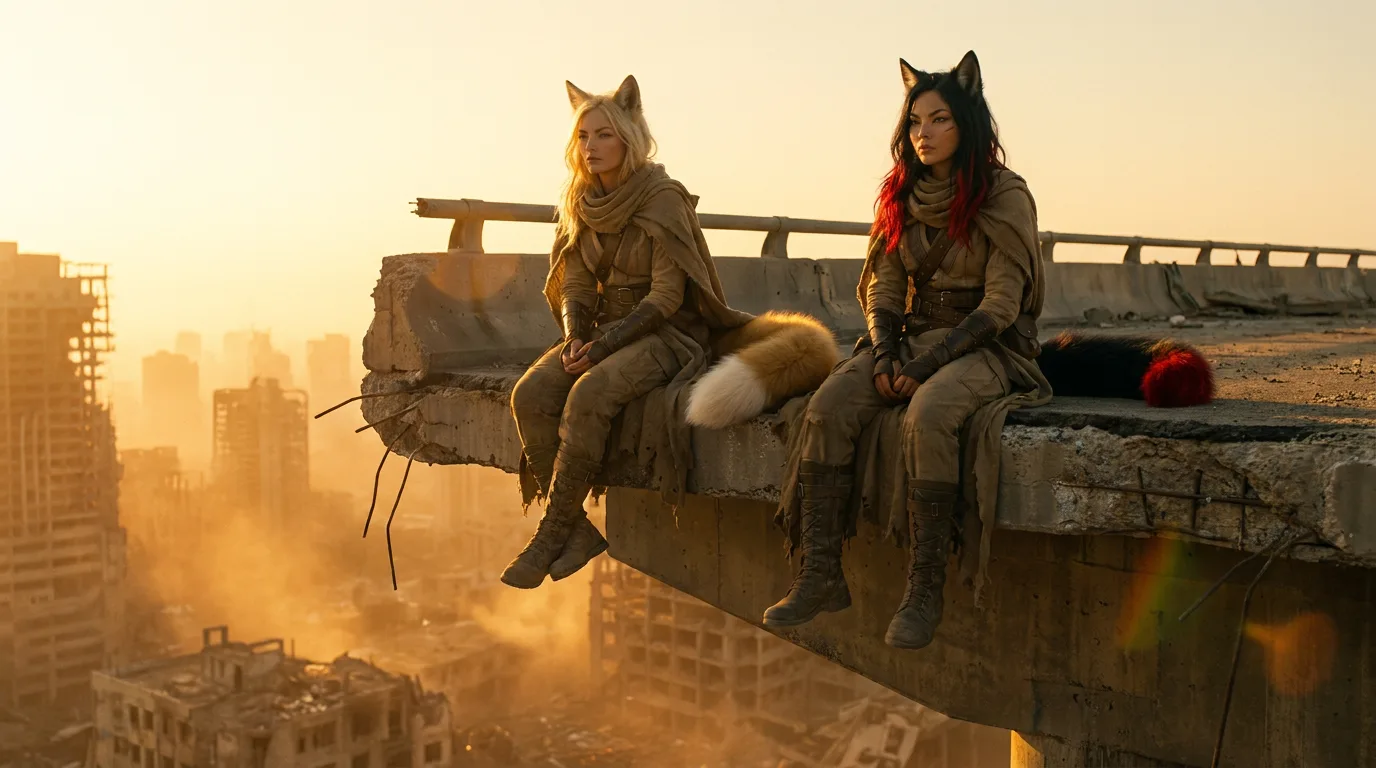 Two women with fox ears and tails sit on the edge