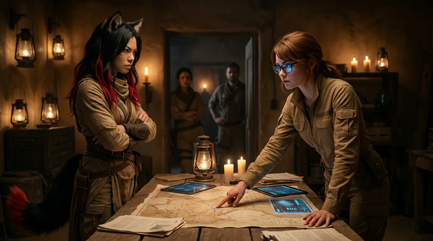 In a rugged dimly lit room two women study