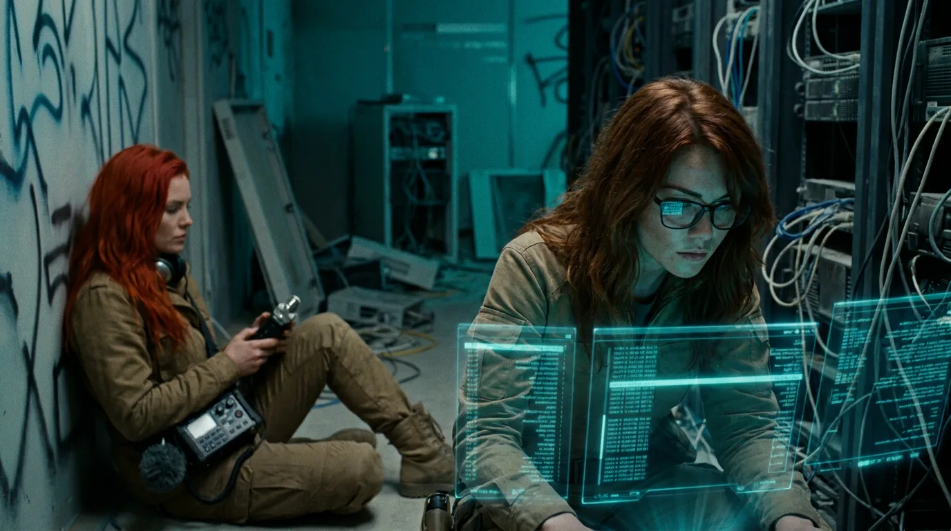 In a gritty cyberpunk style two women