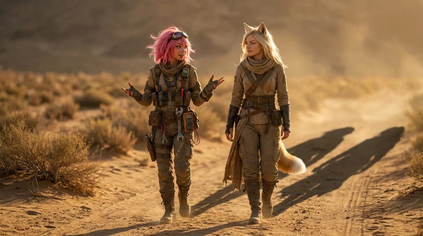 In a post-apocalyptic desert landscape two women