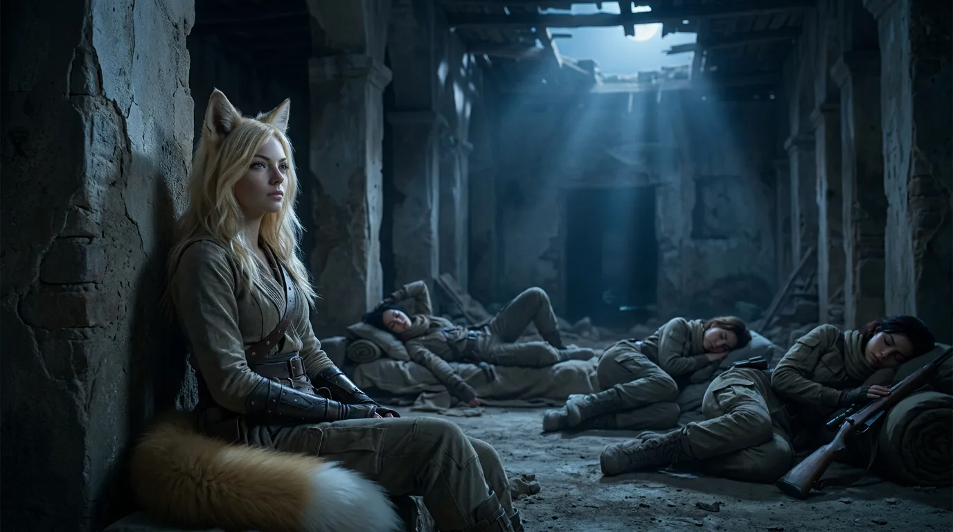 A fox-eared woman with blonde hair sits awake