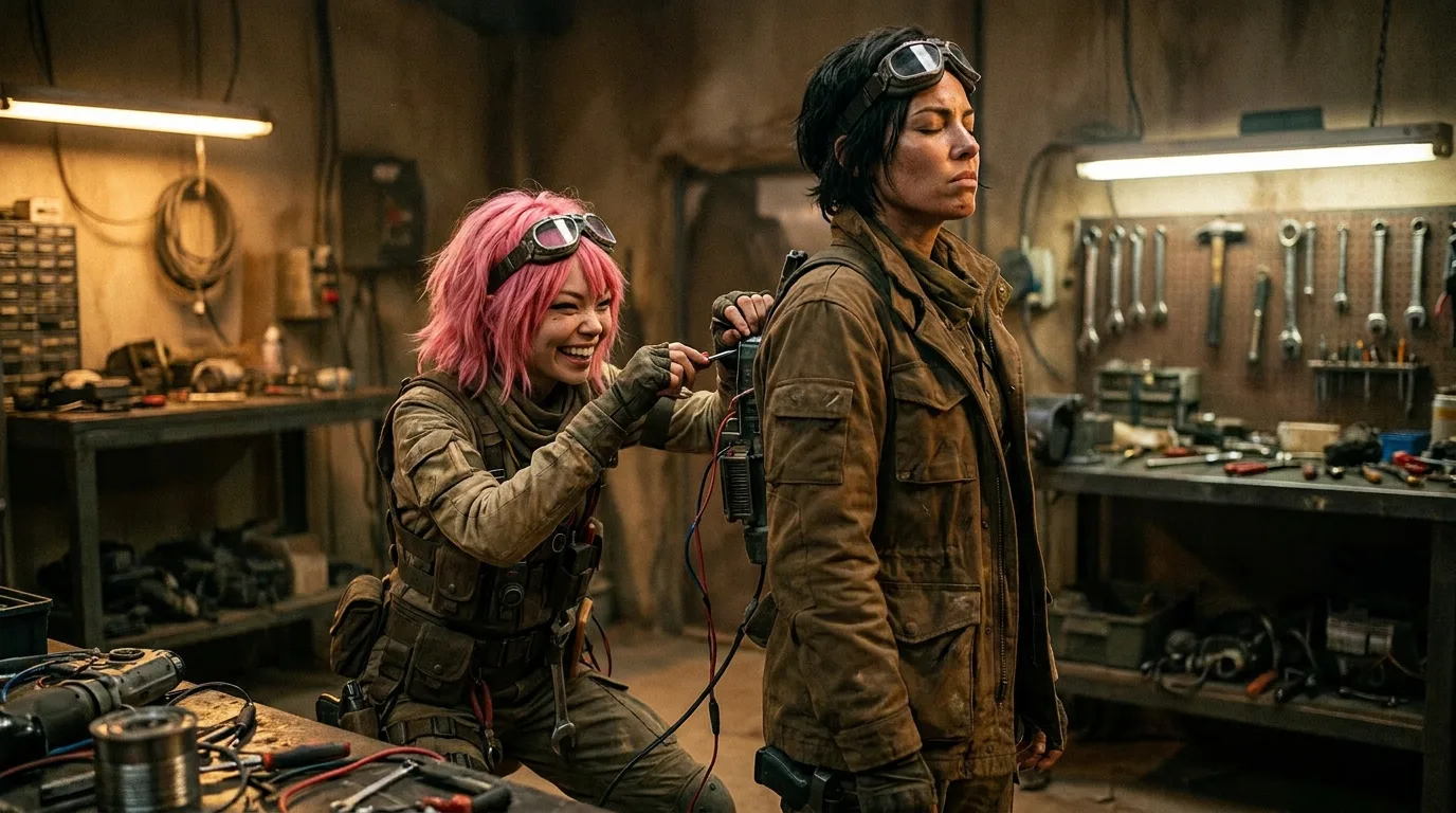 In a post-apocalyptic style a woman with bright