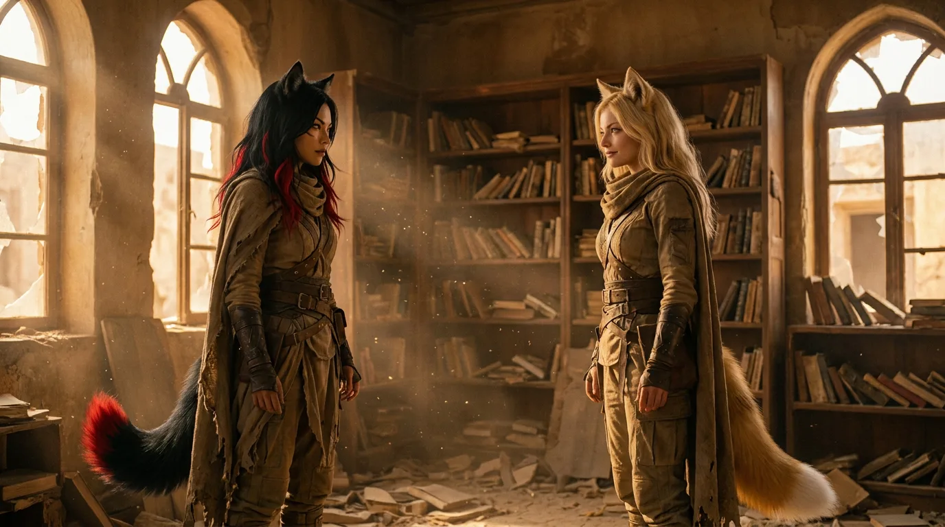 Two women one with black hair and red accents