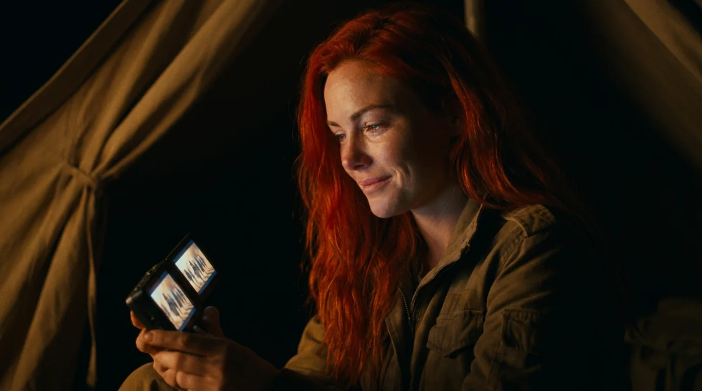 In a cinematic style a woman with long fiery