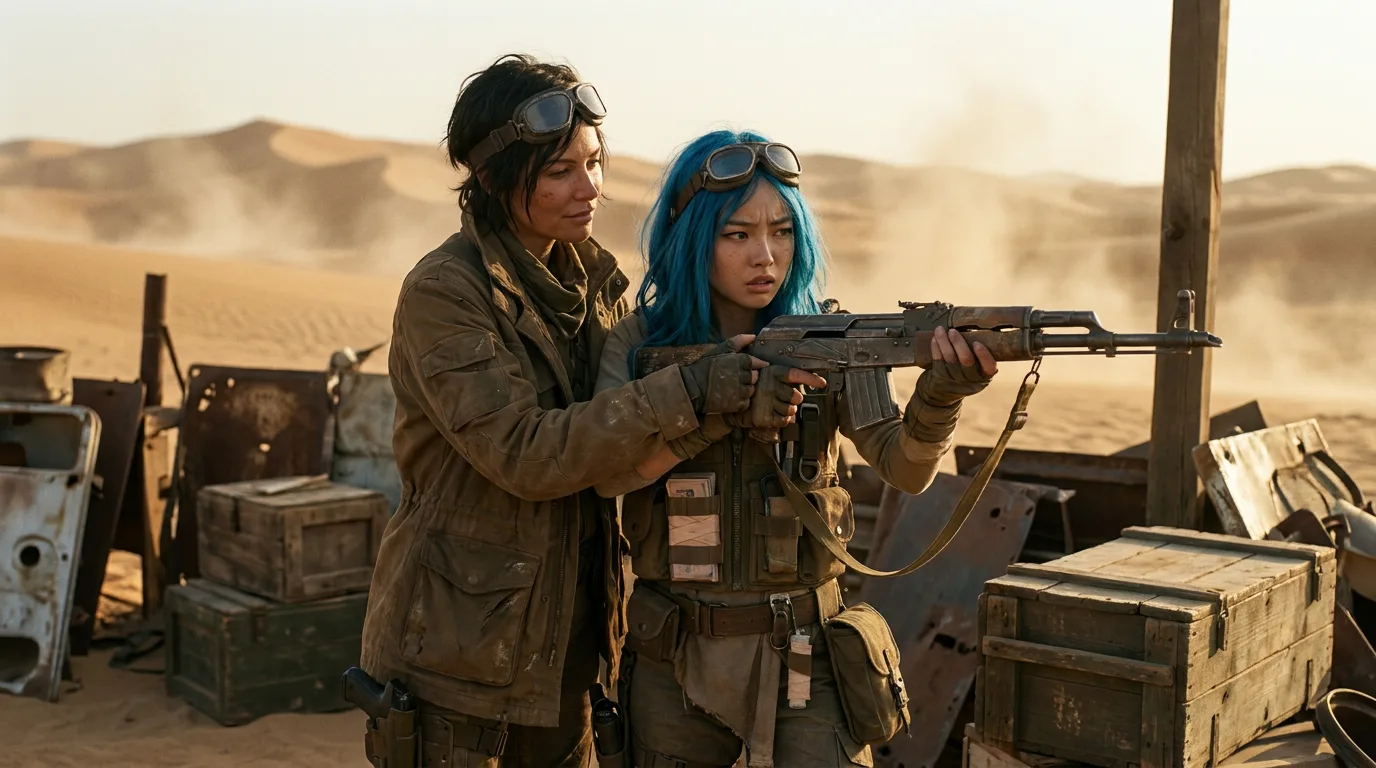 In a post-apocalyptic desert two women stand