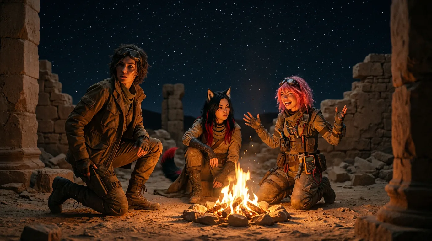 Three companions gather around a campfire amidst