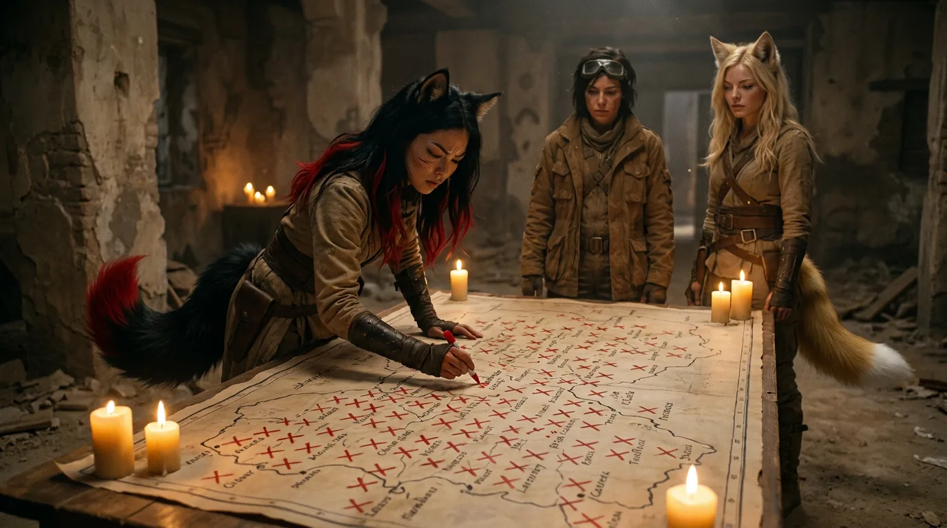 In a post-apocalyptic fantasy style three women
